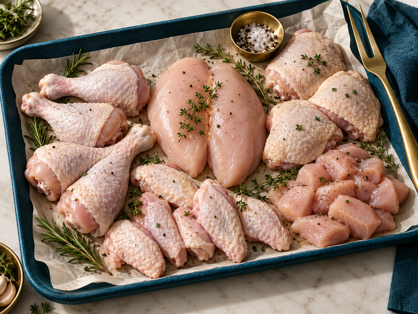 Selección de cortes de pollo frescos sobre una bandeja azul